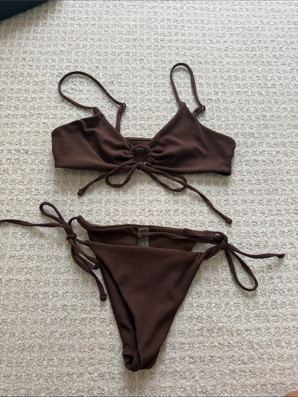 Brown Ribbed Tie-Front Bikini Set